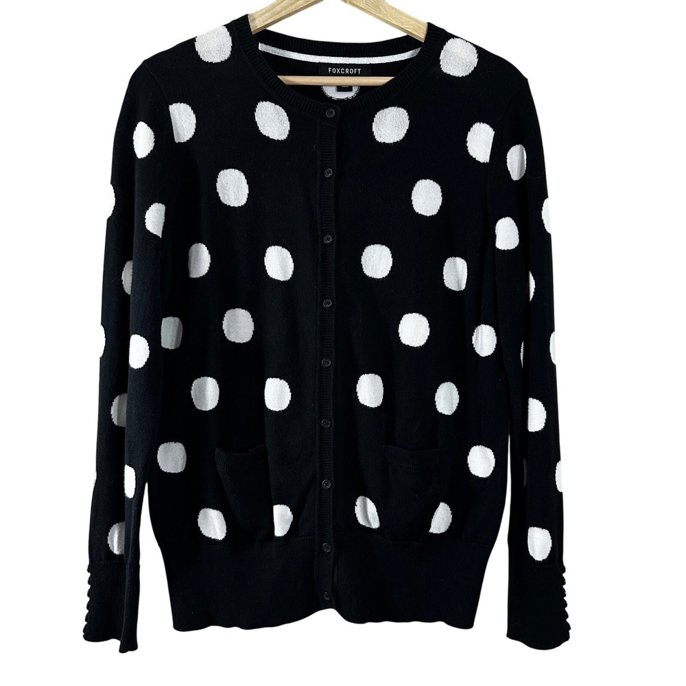 Foxcroft Women's Cardigan Sweater Black Polka Dot Cotton Pockets Button‎ Size M
